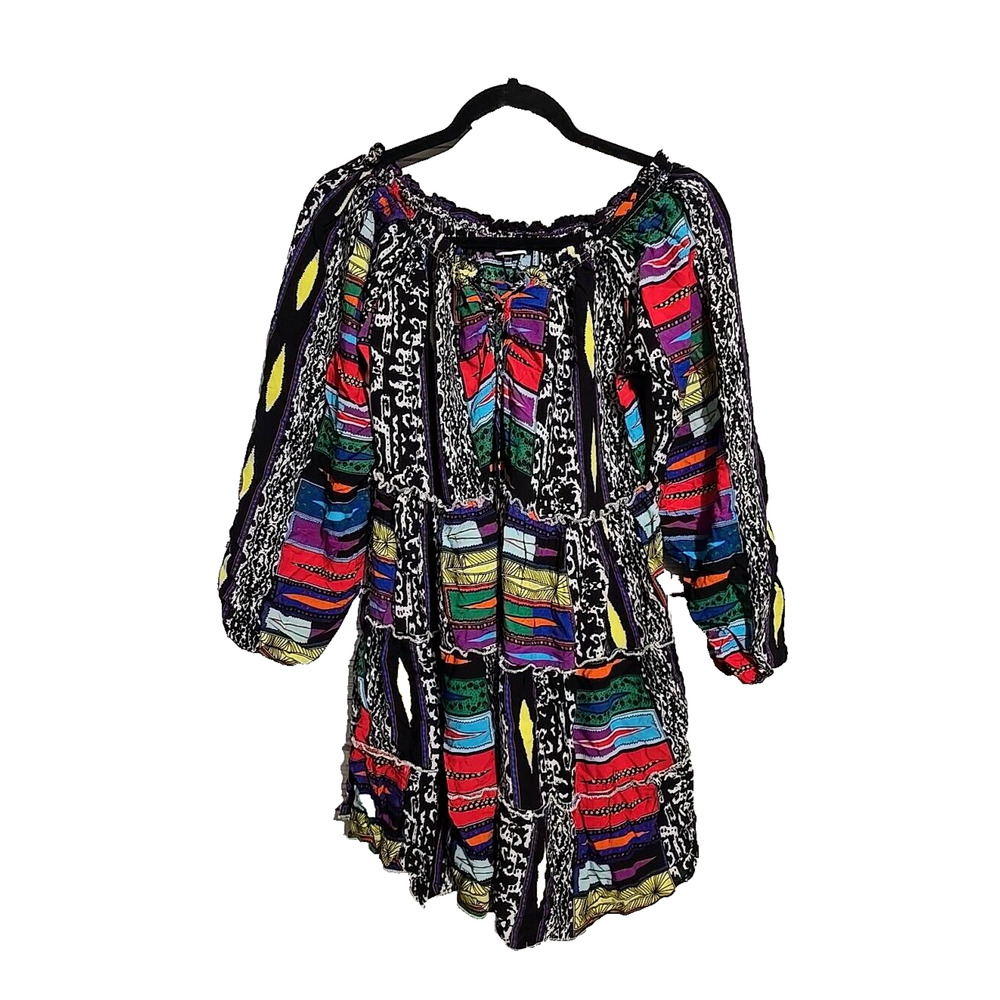 Velzera Multicolor Patchwork Off The Shoulder Tiered Tunic Top Womans Sz Medium‎